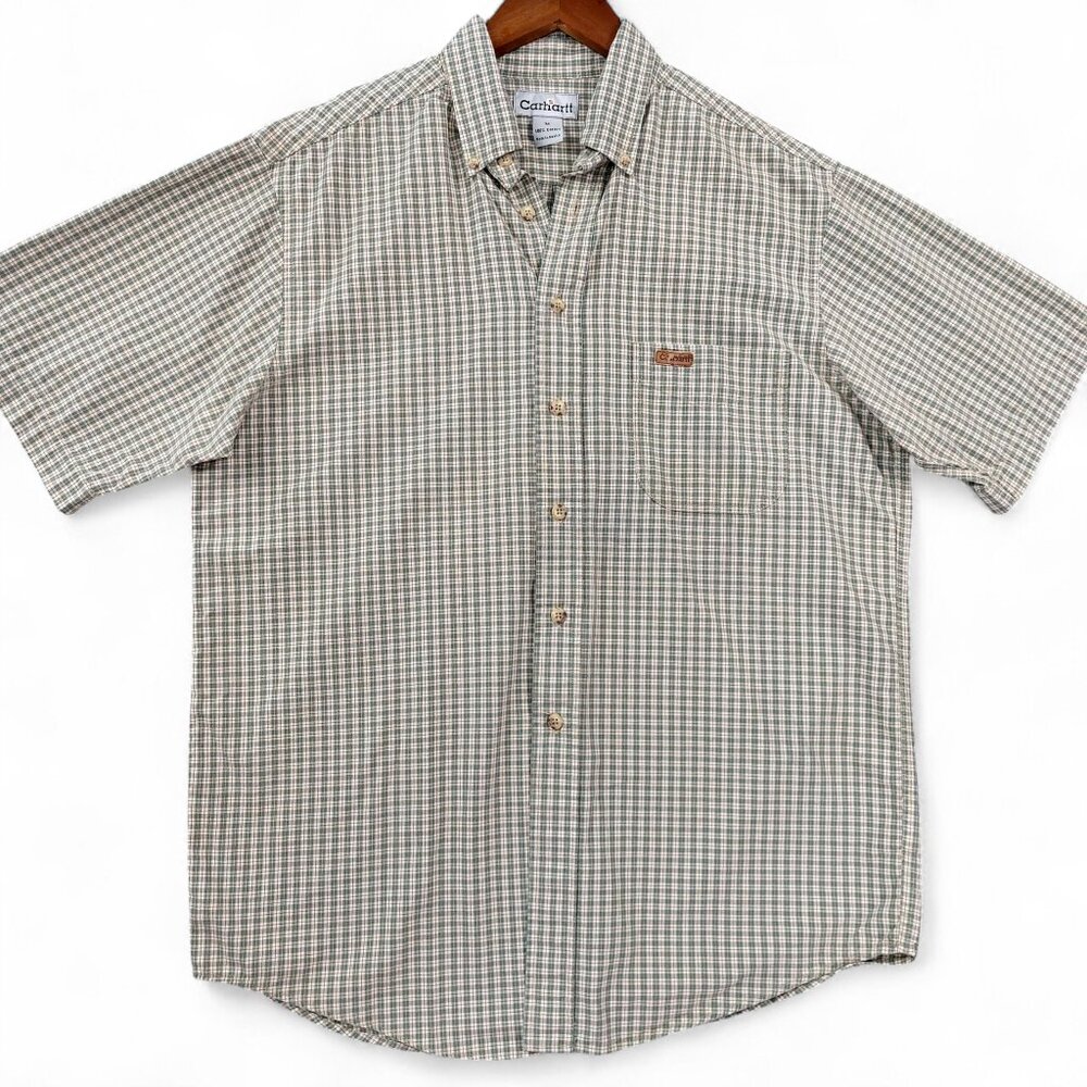 Carhartt Shirt Mens Medium Green Plaid Short Sleeve Button Up Casual Workwear